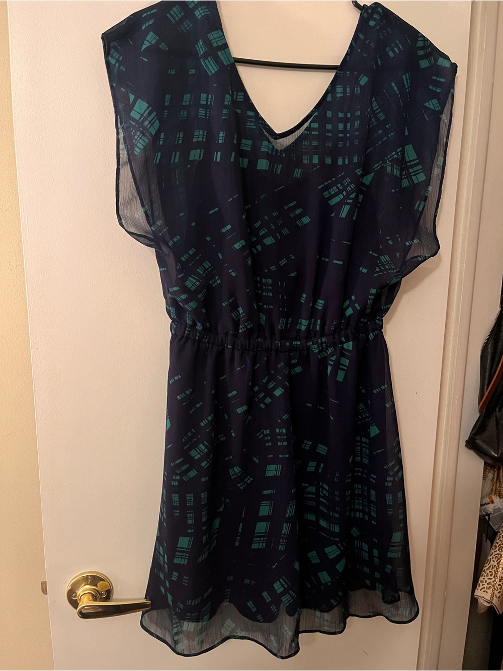 Express Navy Chiffon Dress with Teal Geometric Print